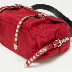 Prada Red/Black Nylon and Leather New Vela Studded Messenger Bag