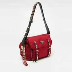 Prada Red/Black Nylon and Leather New Vela Studded Messenger Bag