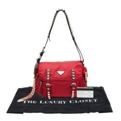 Prada Red/Black Nylon and Leather New Vela Studded Messenger Bag