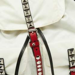 Prada White/Black Nylon and Leather New Vela Studded Backpack