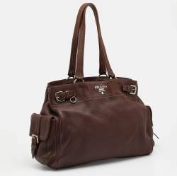 Pre Owned Prada Dark Brown Leather Vitello Daino Side Pocket Shoulder Bag