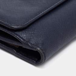 Pre Owned Prada Navy Blue Saffiano Metal Leather French Compact Wallet