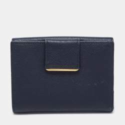 Pre Owned Prada Navy Blue Saffiano Metal Leather French Compact Wallet