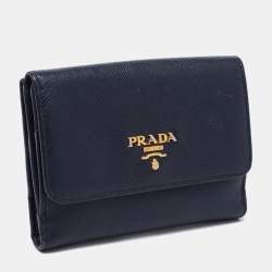 Pre Owned Prada Navy Blue Saffiano Metal Leather French Compact Wallet