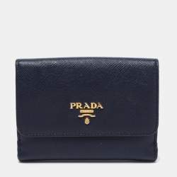 Pre Owned Prada Navy Blue Saffiano Metal Leather French Compact Wallet