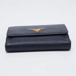 Pre Owned Prada Navy Blue Saffiano Metal Leather French Compact Wallet