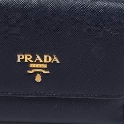 Pre Owned Prada Navy Blue Saffiano Metal Leather French Compact Wallet