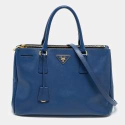 Pre Owned Prada Blue Saffiano Lux Leather Medium Double Zip Tote