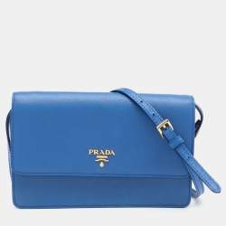 Pre Owned Prada Blue Saffiano Leather Wallet On Strap