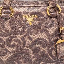 Pre Owned Prada Beige/Brown Talco Lace Print Cervo Leather Bowler Bag