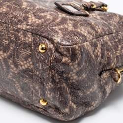 Pre Owned Prada Beige/Brown Talco Lace Print Cervo Leather Bowler Bag