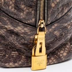 Pre Owned Prada Beige/Brown Talco Lace Print Cervo Leather Bowler Bag