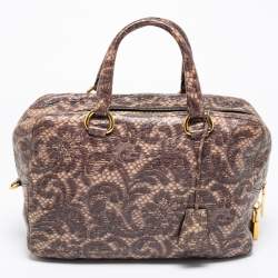 Pre Owned Prada Beige/Brown Talco Lace Print Cervo Leather Bowler Bag