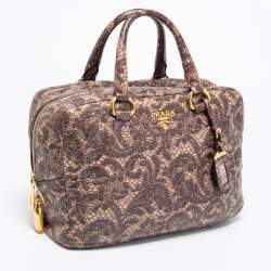 Pre Owned Prada Beige/Brown Talco Lace Print Cervo Leather Bowler Bag