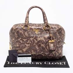 Pre Owned Prada Beige/Brown Talco Lace Print Cervo Leather Bowler Bag