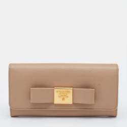 Prada Beige Saffiano Leather Bow Continental Wallet