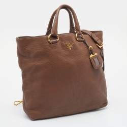 Pre Owned Prada Brown Vitello Daino Side Zip Shopping Tote
