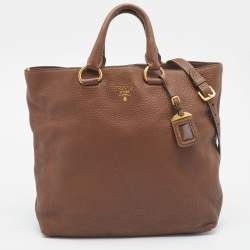 Pre Owned Prada Brown Vitello Daino Side Zip Shopping Tote