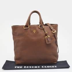 Pre Owned Prada Brown Vitello Daino Side Zip Shopping Tote