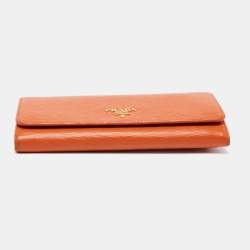 Pre Owned Prada Orange Saffiano Lux Leather Flap Continental Wallet