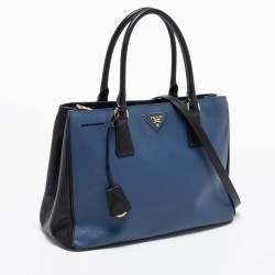 Pre Owned Prada Blue/Black Saffiano Lux Leather Small Middle Zip Tote