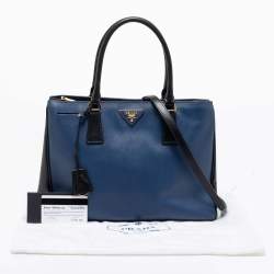 Pre Owned Prada Blue/Black Saffiano Lux Leather Small Middle Zip Tote