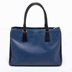 Pre Owned Prada Blue/Black Saffiano Lux Leather Small Middle Zip Tote