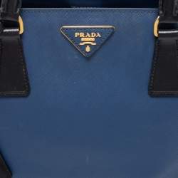 Pre Owned Prada Blue/Black Saffiano Lux Leather Small Middle Zip Tote