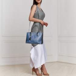 Pre Owned Prada Blue/Black Saffiano Lux Leather Small Middle Zip Tote