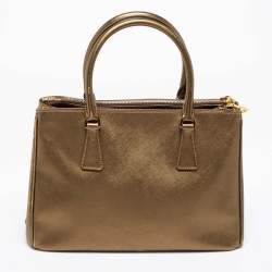 Pre Owned Prada Metallic Gold Saffiano Lux Leather Small Galleria Double Zip Tote