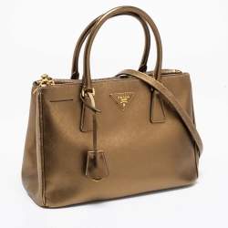Pre Owned Prada Metallic Gold Saffiano Lux Leather Small Galleria Double Zip Tote