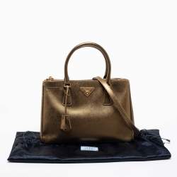 Pre Owned Prada Metallic Gold Saffiano Lux Leather Small Galleria Double Zip Tote