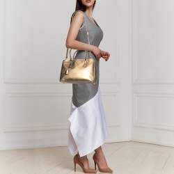 Pre Owned Prada Metallic Gold Saffiano Lux Leather Small Galleria Double Zip Tote