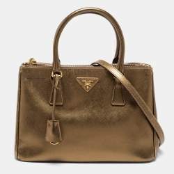 Pre Owned Prada Metallic Gold Saffiano Lux Leather Small Galleria Double Zip Tote