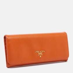 Pre Owned Prada Orange Saffiano Metal Leather Flap Continental Wallet