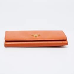 Pre Owned Prada Orange Saffiano Metal Leather Flap Continental Wallet