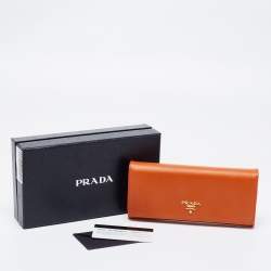 Pre Owned Prada Orange Saffiano Metal Leather Flap Continental Wallet