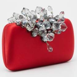 Pre Owned Prada Red Satin Crystal Embellished Clutch