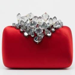 Pre Owned Prada Red Satin Crystal Embellished Clutch