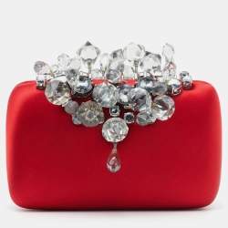 Pre Owned Prada Red Satin Crystal Embellished Clutch