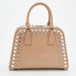 Pre Owned Prada Beige Saffiano Vernice Leather Small Crystal Embellished Pyramid Frame Satchel
