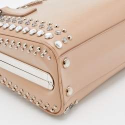 Pre Owned Prada Beige Saffiano Vernice Leather Small Crystal Embellished Pyramid Frame Satchel