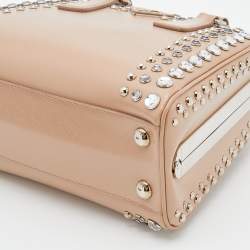 Pre Owned Prada Beige Saffiano Vernice Leather Small Crystal Embellished Pyramid Frame Satchel