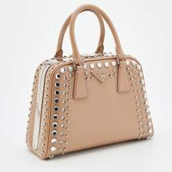 Pre Owned Prada Beige Saffiano Vernice Leather Small Crystal Embellished Pyramid Frame Satchel