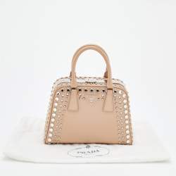 Pre Owned Prada Beige Saffiano Vernice Leather Small Crystal Embellished Pyramid Frame Satchel
