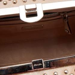 Pre Owned Prada Beige Saffiano Vernice Leather Small Crystal Embellished Pyramid Frame Satchel