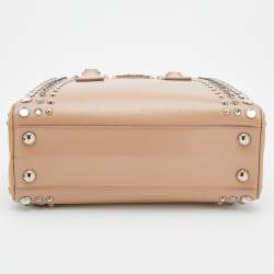 Pre Owned Prada Beige Saffiano Vernice Leather Small Crystal Embellished Pyramid Frame Satchel