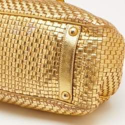 Pre Owned Prada Metallic Gold Woven Madras Leather Frame Satchel