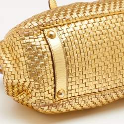 Pre Owned Prada Metallic Gold Woven Madras Leather Frame Satchel