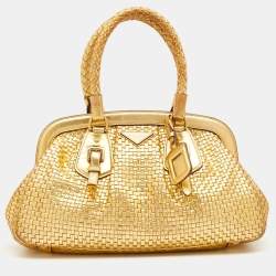 Prada Raffia Woven & Metallic Gold Leather Madras Frame Top Chain Bag